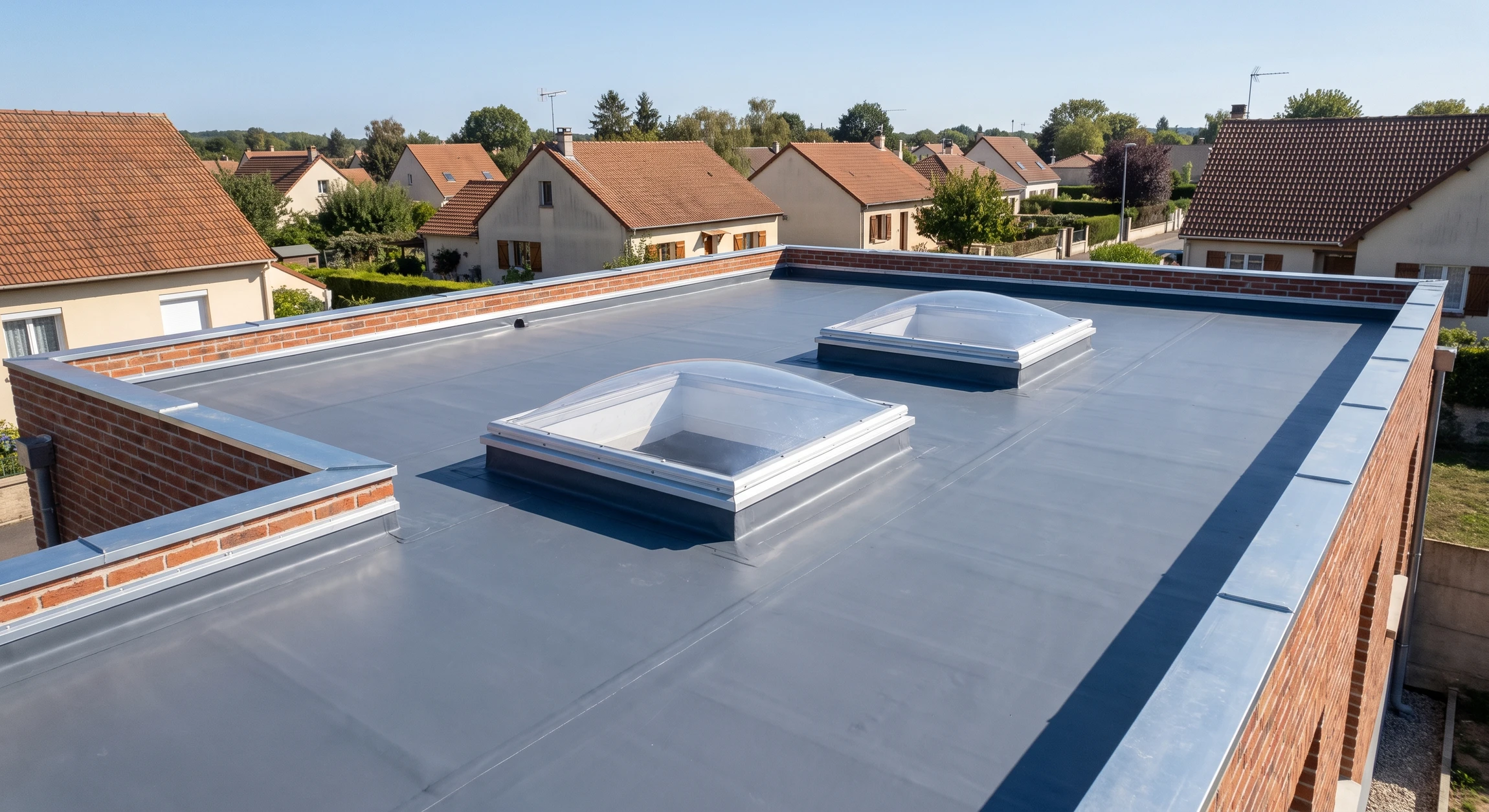Photographie aérienne d'une toiture-terrasse plate fraîchement rénovée, membrane d'étanchéité gris anthracite parfaitement posée avec relevés périmétriques visibles. Deux lanterneaux dôme en polycarbonate translucide montés sur costières aluminium, apportant de la lumière naturelle. Murs d'acrotère en briques avec finition soignée, joints de soudure de membrane apparents. Environnement résidentiel pavillonnaire en arrière-plan. Image prise en lumière naturelle de jour, montrant la qualité et la précision du travail d'étanchéité.