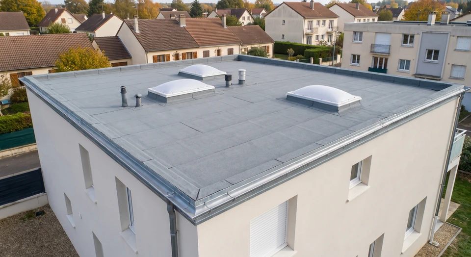 Photographie d'une toiture plate vue de dessus, après nettoyage automnal d'entretien. La membrane d'étanchéité grise (bitume ou EPDM) est propre et bien maintenue, avec des gouttières et canalisations d'évacuation d'eau pluviale dégagées et fonctionnelles visibles en bordure. Un ou deux lanterneaux ou dômes de ventilation sont présents. La toiture montre des signes d'entretien régulier : absence de feuilles mortes ou débris, joints d'étanchéité en bon état, relevés de membrane intacts. L'arrière-plan révèle un environnement résidentiel ou mixte. La photo doit transmettre une impression de maintenance préventive et de protection contre les infiltrations.