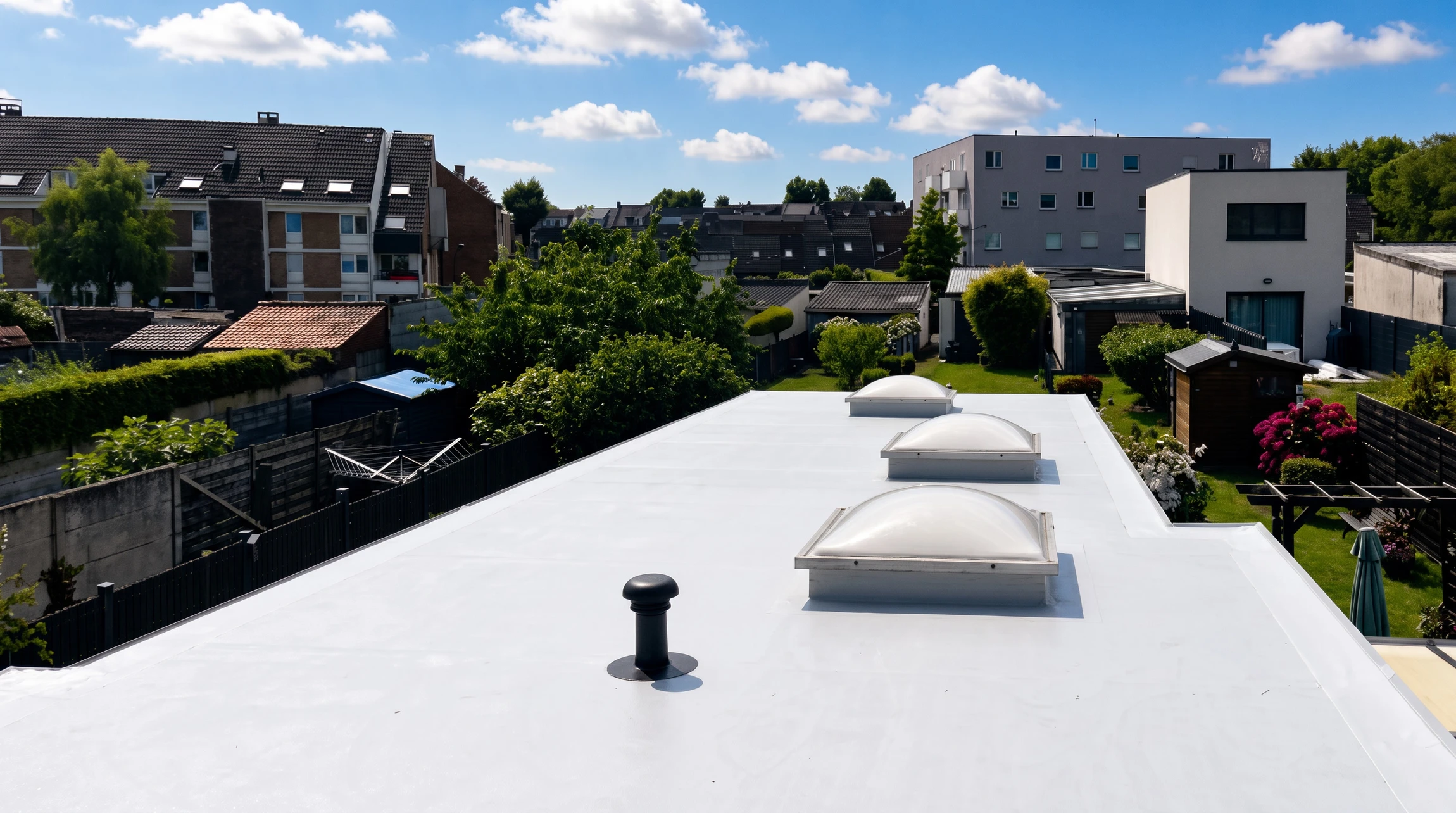 Ouvrier en combinaison bleue et jaune applique un revêtement d'étanchéité bleu sur surface béton extérieure avec rouleau à manche télescopique
